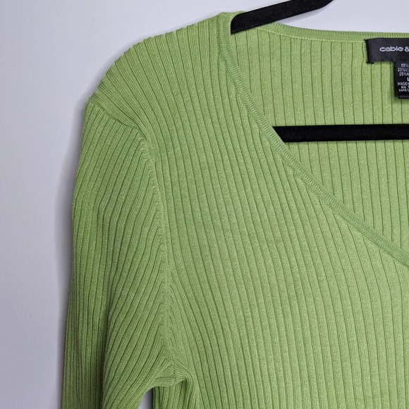 CABLE & GAUGE • Green Ribbed Silk Top Blouse Sz L - Picture 2 of 5